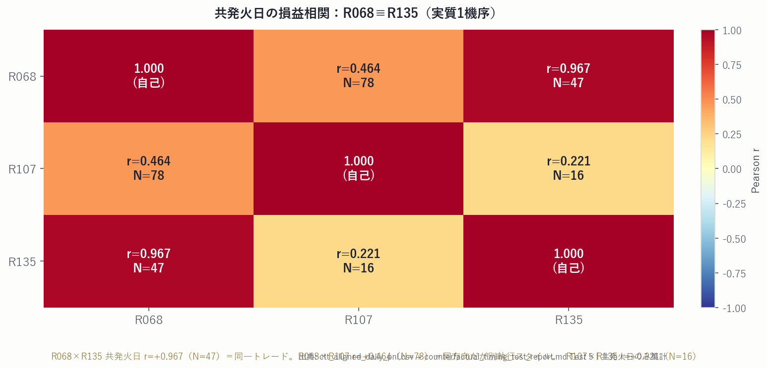 R068・R107・R135の共発火日損益相関を示す整形表または相関行列。R068×R135の相関が+0.967、R068×R107が+0.46として明示されている。